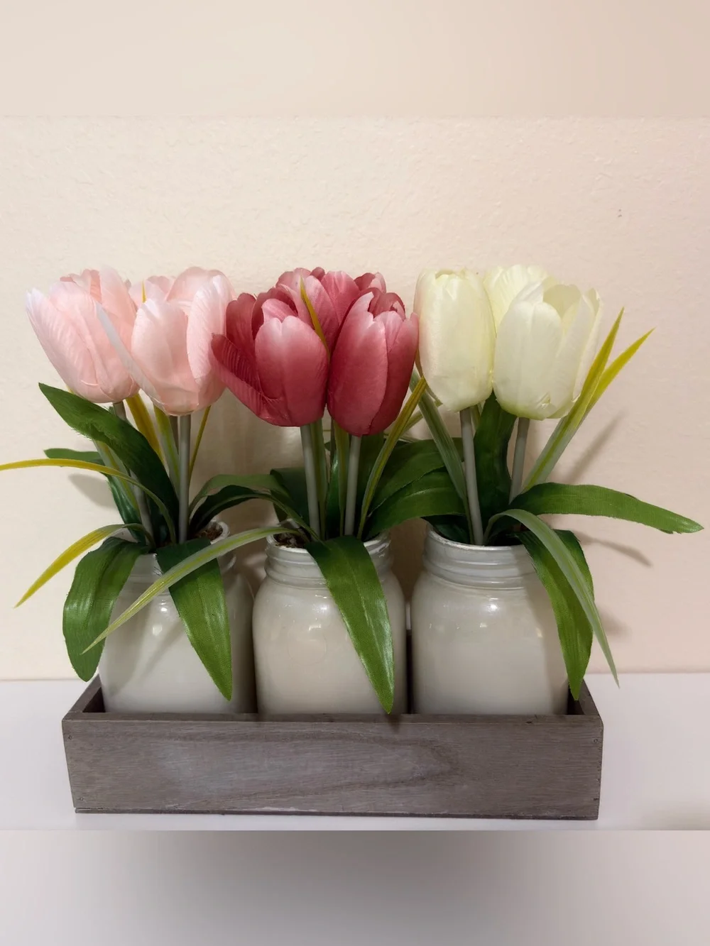 Sonoma Pink, Rose and Cream Tulip Trio in White Mason Jars
